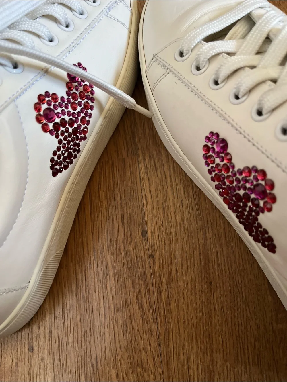 Stuart Weitzman White Leather Sneakers with Red and Pink Crystal Heart Accents